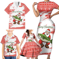 Christmas Fishing Family Matching Short Sleeve Bodycon Dress and Hawaiian Shirt with Santa Claus Fish Tree and Red Snowflake Pattern - Wonder Print Shop