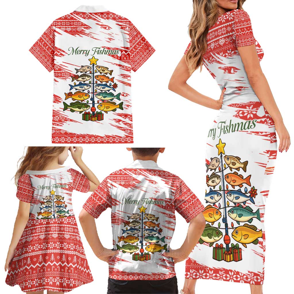 Christmas Fishing Family Matching Short Sleeve Bodycon Dress and Hawaiian Shirt with Santa Claus Fish Tree and Red Snowflake Pattern - Wonder Print Shop