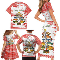 Christmas Fishing Family Matching Short Sleeve Bodycon Dress and Hawaiian Shirt with Santa Claus Fish Tree and Red Snowflake Pattern - Wonder Print Shop