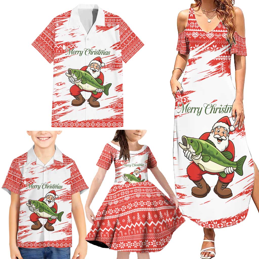 Christmas Fishing Family Matching Summer Maxi Dress and Hawaiian Shirt with Santa Claus Fish Tree and Red Snowflake Pattern - Wonder Print Shop