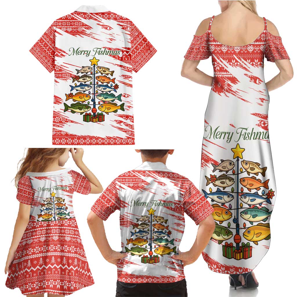 Christmas Fishing Family Matching Summer Maxi Dress and Hawaiian Shirt with Santa Claus Fish Tree and Red Snowflake Pattern - Wonder Print Shop