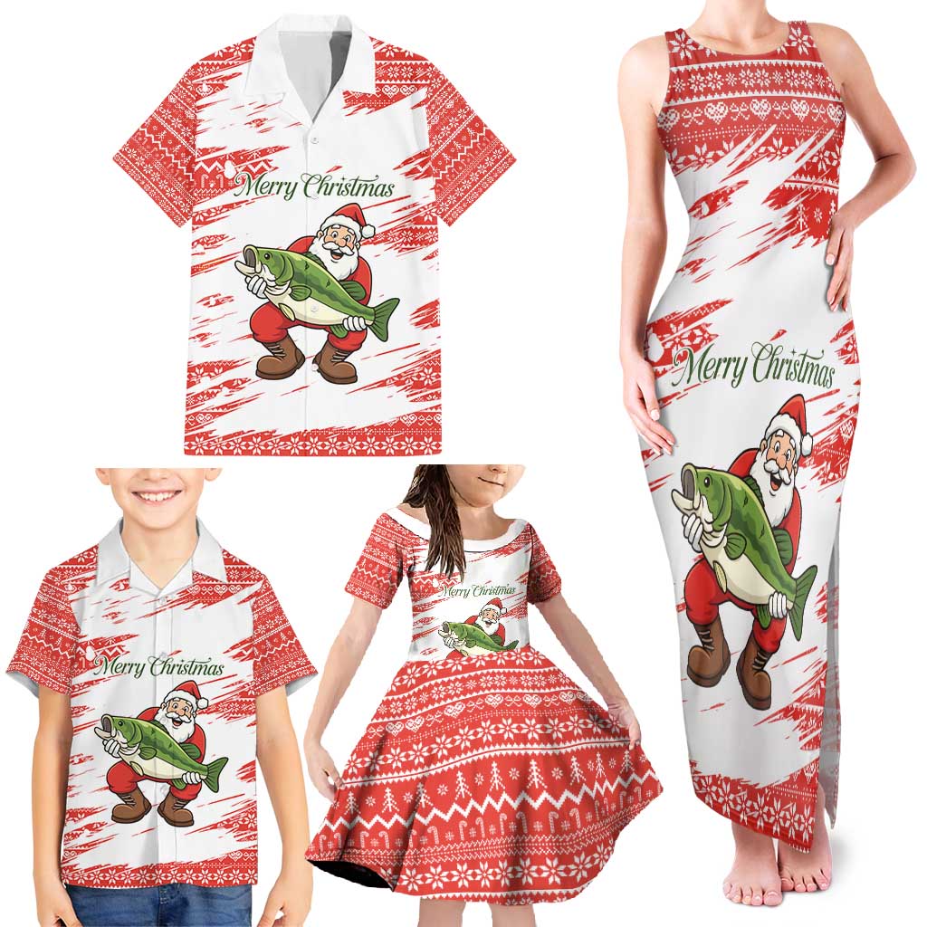 Christmas Fishing Family Matching Tank Maxi Dress and Hawaiian Shirt with Santa Claus Fish Tree and Red Snowflake Pattern - Wonder Print Shop