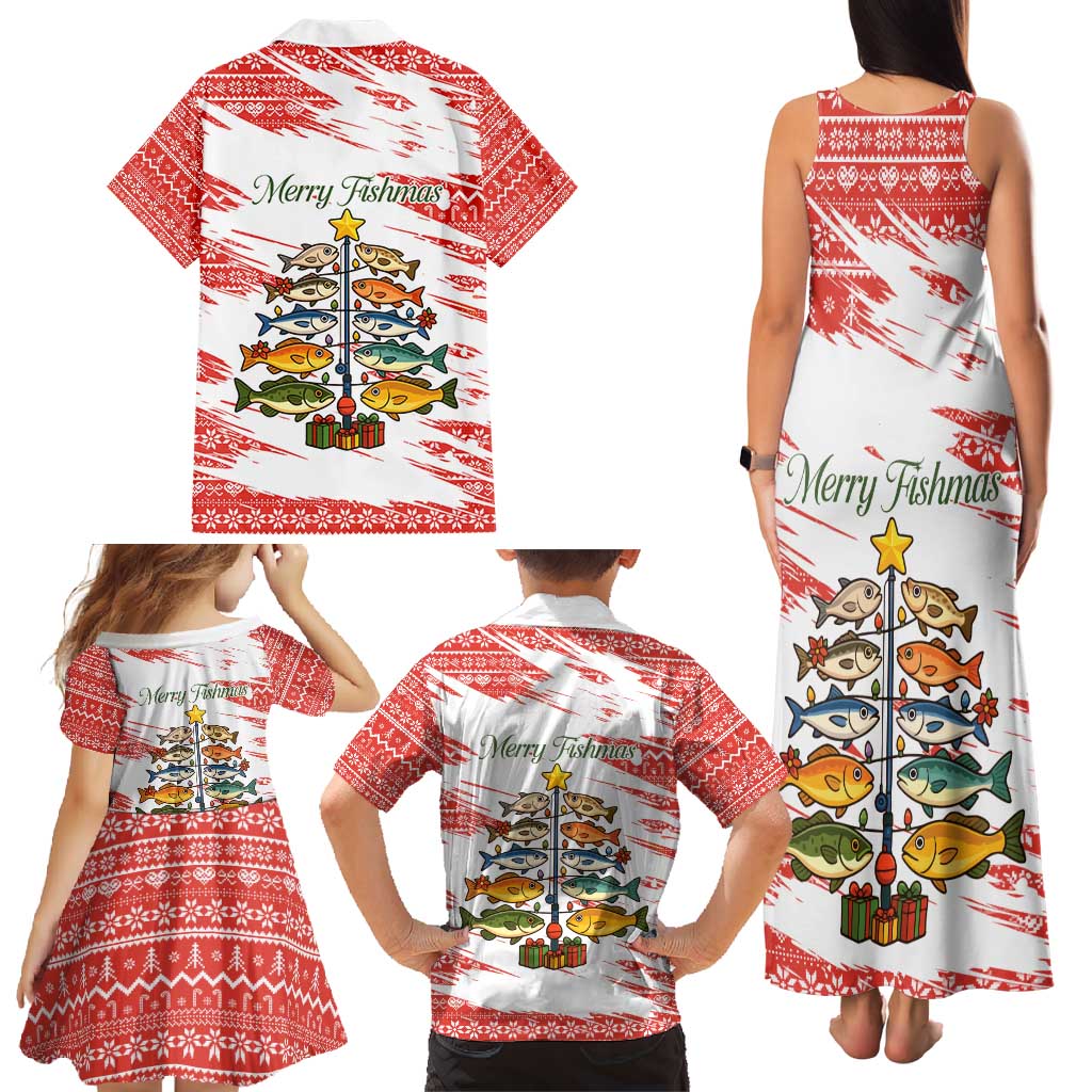 Christmas Fishing Family Matching Tank Maxi Dress and Hawaiian Shirt with Santa Claus Fish Tree and Red Snowflake Pattern - Wonder Print Shop