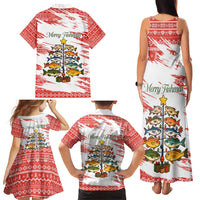 Christmas Fishing Family Matching Tank Maxi Dress and Hawaiian Shirt with Santa Claus Fish Tree and Red Snowflake Pattern - Wonder Print Shop