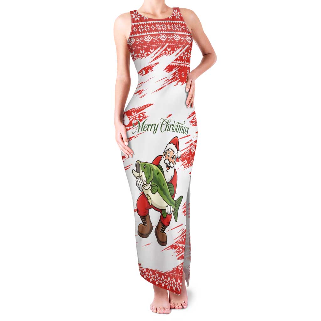 Christmas Fishing Family Matching Tank Maxi Dress and Hawaiian Shirt with Santa Claus Fish Tree and Red Snowflake Pattern - Wonder Print Shop