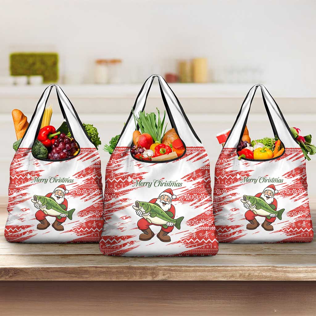Christmas Fishing Grocery Bag with Santa Claus Fish Tree and Red Snowflake Pattern - Wonder Print Shop