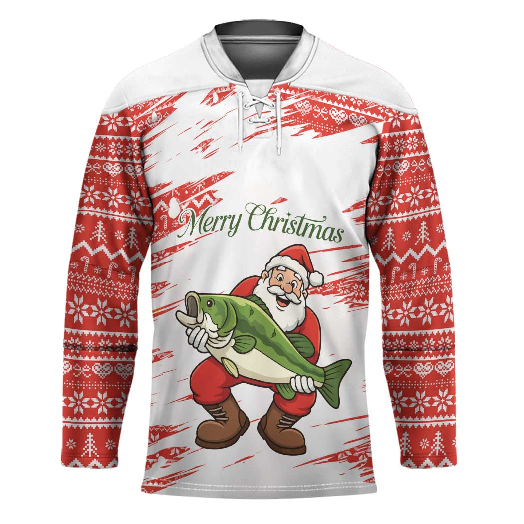 Christmas Fishing Hockey Jersey with Santa Claus Fish Tree and Red Snowflake Pattern - Wonder Print Shop