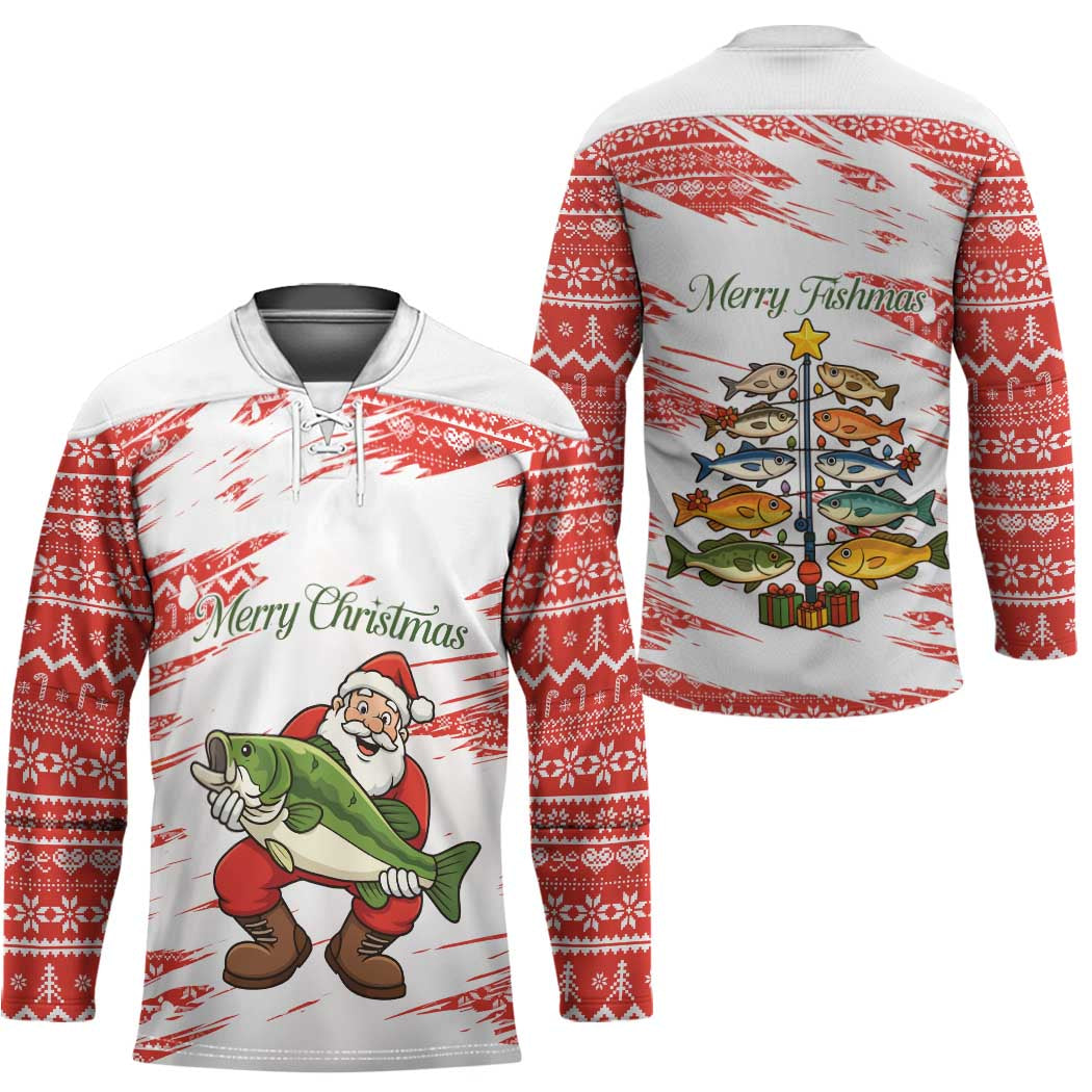 Christmas Fishing Hockey Jersey with Santa Claus Fish Tree and Red Snowflake Pattern - Wonder Print Shop