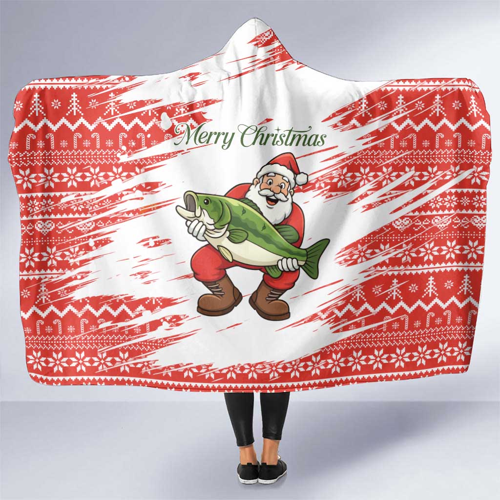 Christmas Fishing Hooded Blanket with Santa Claus Fish Tree and Red Snowflake Pattern - Wonder Print Shop