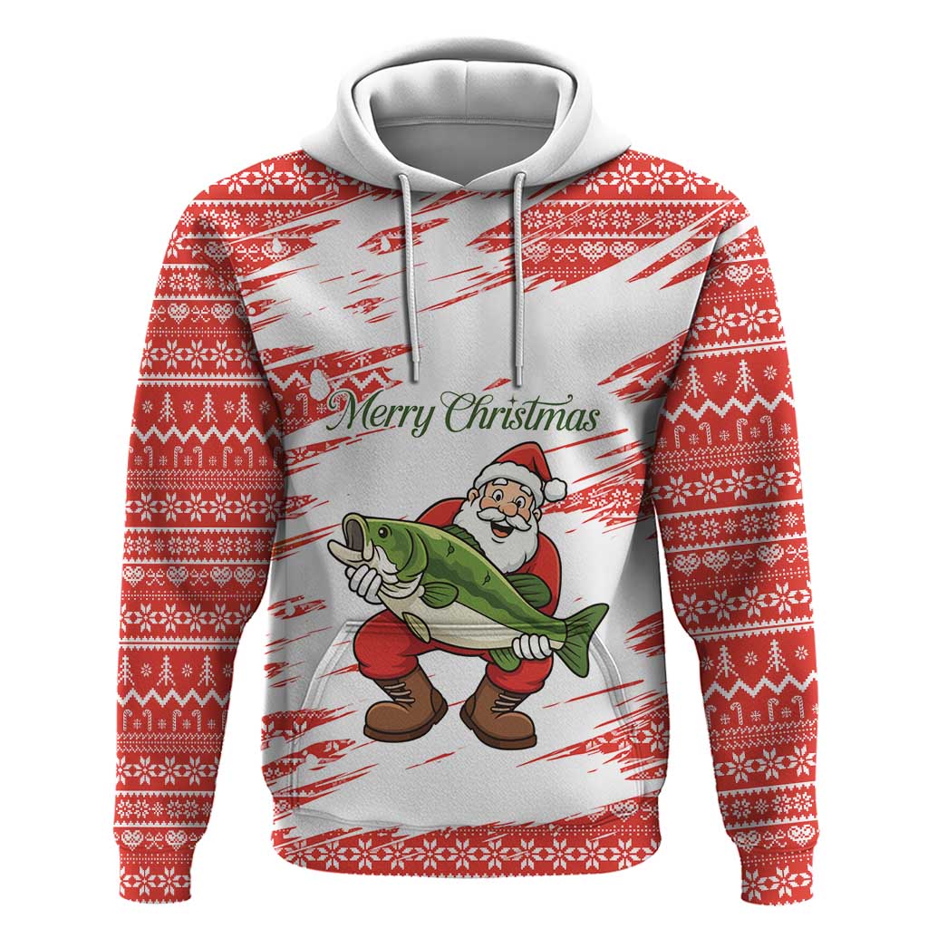 Christmas Fishing Hoodie with Santa Claus Fish Tree and Red Snowflake Pattern - Wonder Print Shop