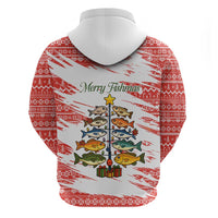 Christmas Fishing Hoodie with Santa Claus Fish Tree and Red Snowflake Pattern - Wonder Print Shop