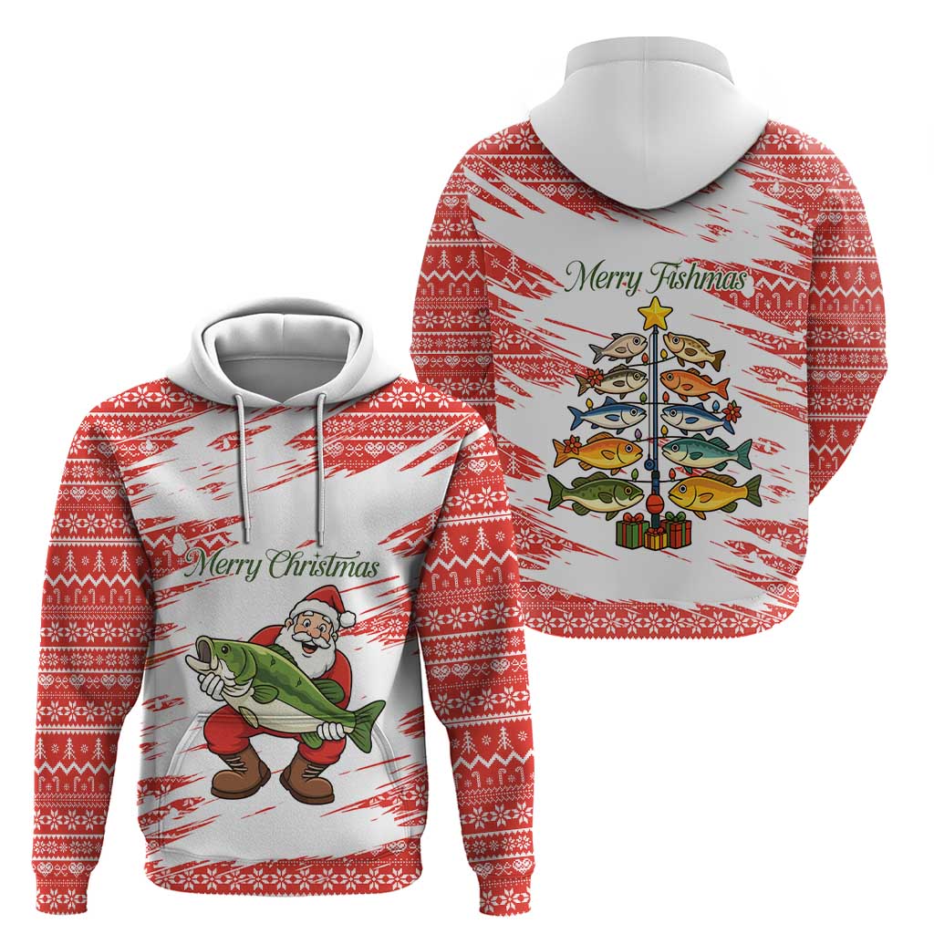 Christmas Fishing Hoodie with Santa Claus Fish Tree and Red Snowflake Pattern - Wonder Print Shop