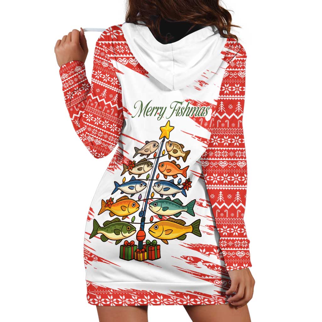 Christmas Fishing Hoodie Dress with Santa Claus Fish Tree and Red Snowflake Pattern - Wonder Print Shop