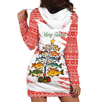 Christmas Fishing Hoodie Dress with Santa Claus Fish Tree and Red Snowflake Pattern - Wonder Print Shop