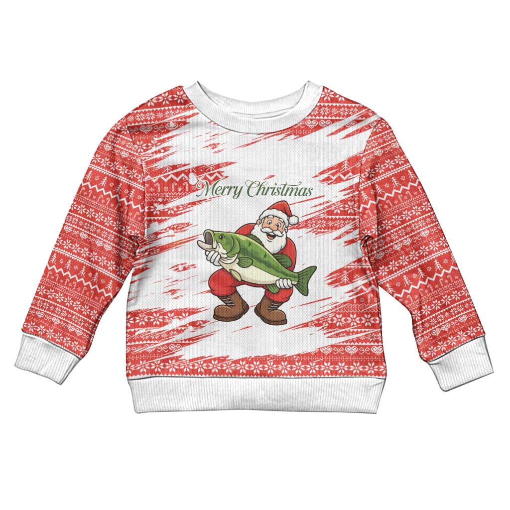 Christmas Fishing Kid Ugly Christmas Sweater with Santa Claus Fish Tree and Red Snowflake Pattern - Wonder Print Shop