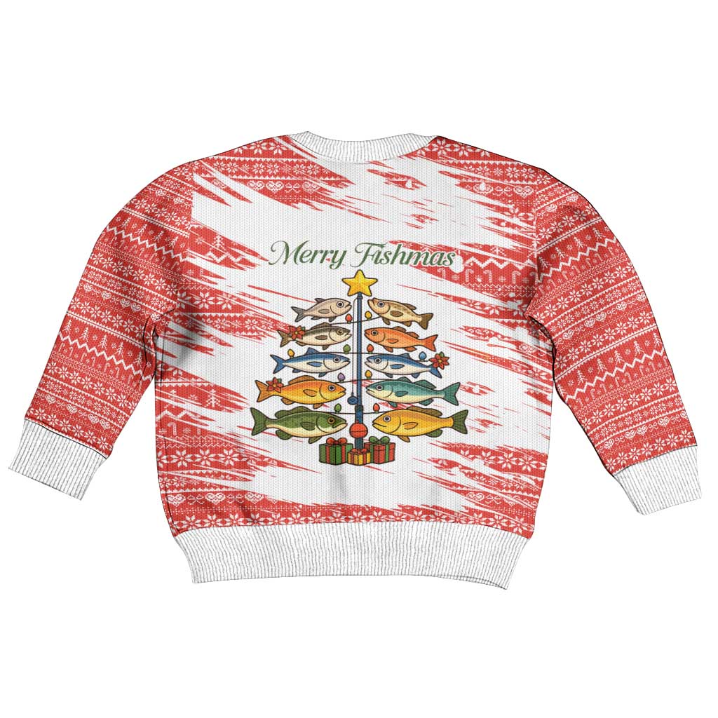 Christmas Fishing Kid Ugly Christmas Sweater with Santa Claus Fish Tree and Red Snowflake Pattern - Wonder Print Shop