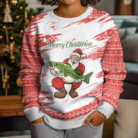 Christmas Fishing Kid Ugly Christmas Sweater with Santa Claus Fish Tree and Red Snowflake Pattern - Wonder Print Shop