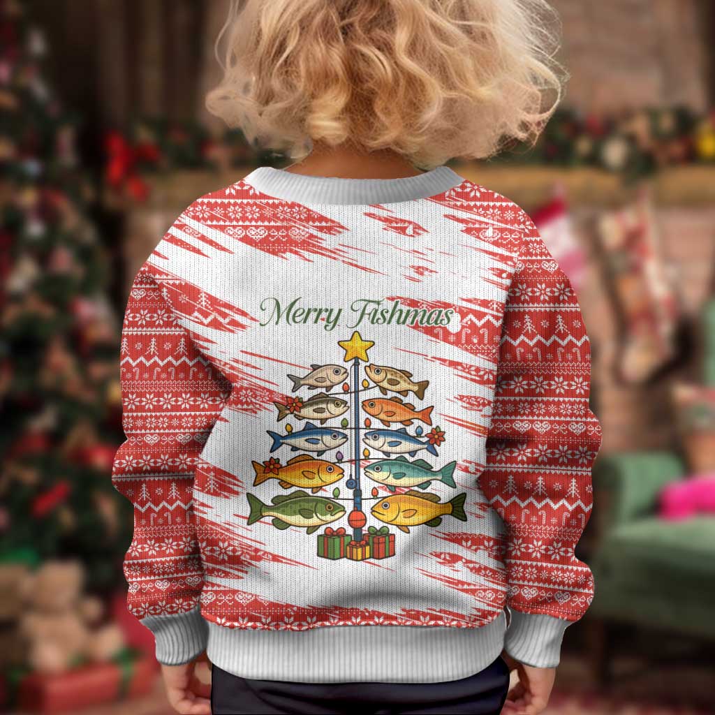 Christmas Fishing Kid Ugly Christmas Sweater with Santa Claus Fish Tree and Red Snowflake Pattern - Wonder Print Shop