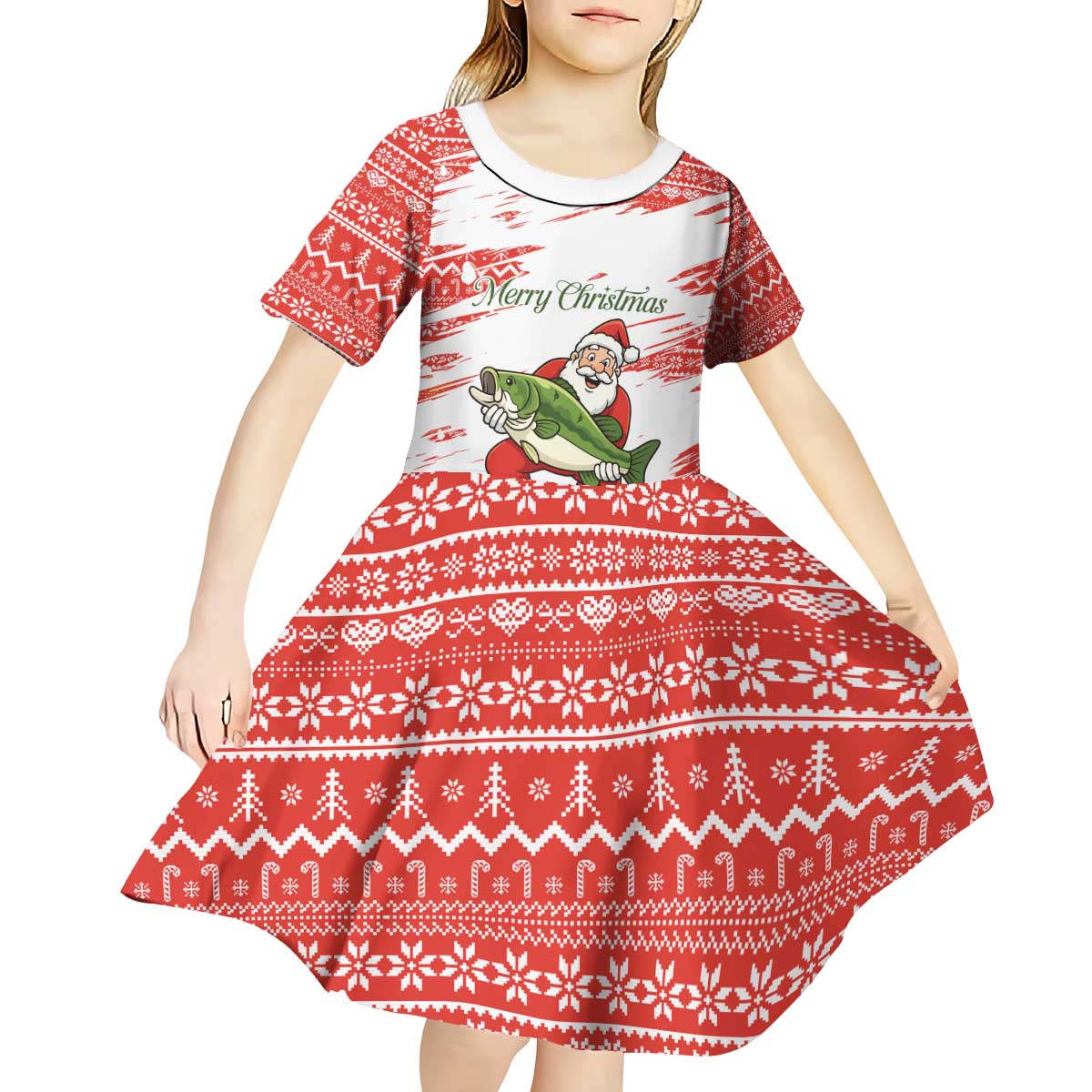 Christmas Fishing Kid Short Sleeve Dress with Santa Claus Fish Tree and Red Snowflake Pattern - Wonder Print Shop
