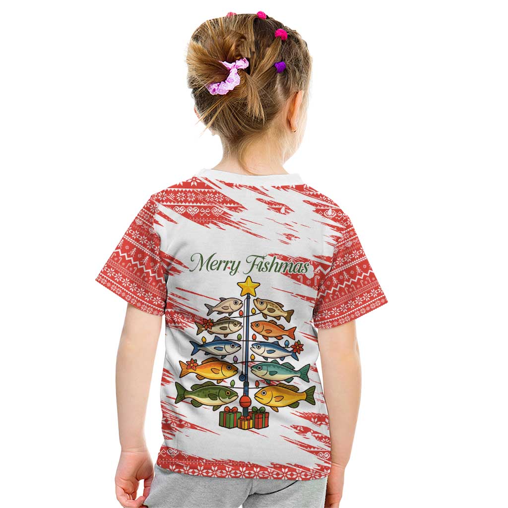 Christmas Fishing Kid T Shirt with Santa Claus Fish Tree and Red Snowflake Pattern - Wonder Print Shop