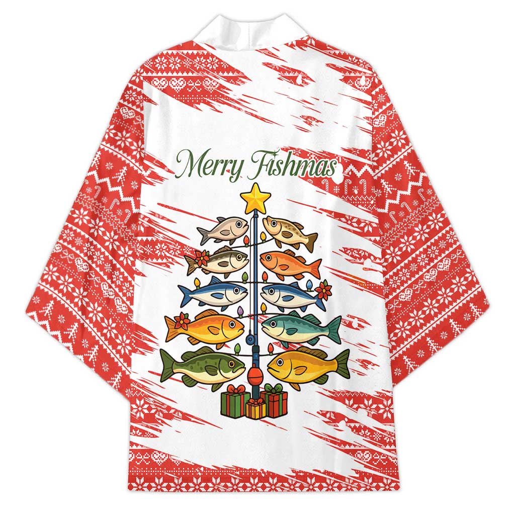 Christmas Fishing Kimono with Santa Claus Fish Tree and Red Snowflake Pattern - Wonder Print Shop