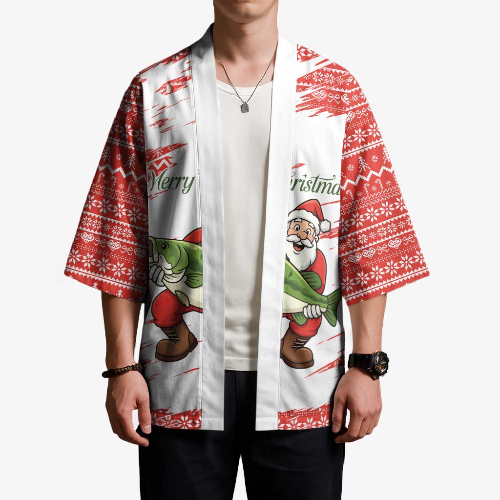 Christmas Fishing Kimono with Santa Claus Fish Tree and Red Snowflake Pattern - Wonder Print Shop