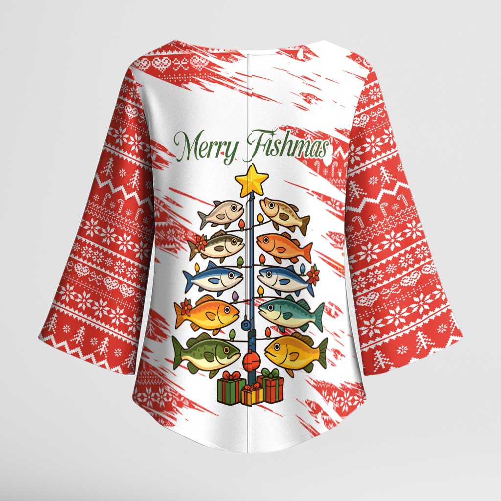 Christmas Fishing Kimono Sleeve Blouse with Santa Claus Fish Tree and Red Snowflake Pattern - Wonder Print Shop