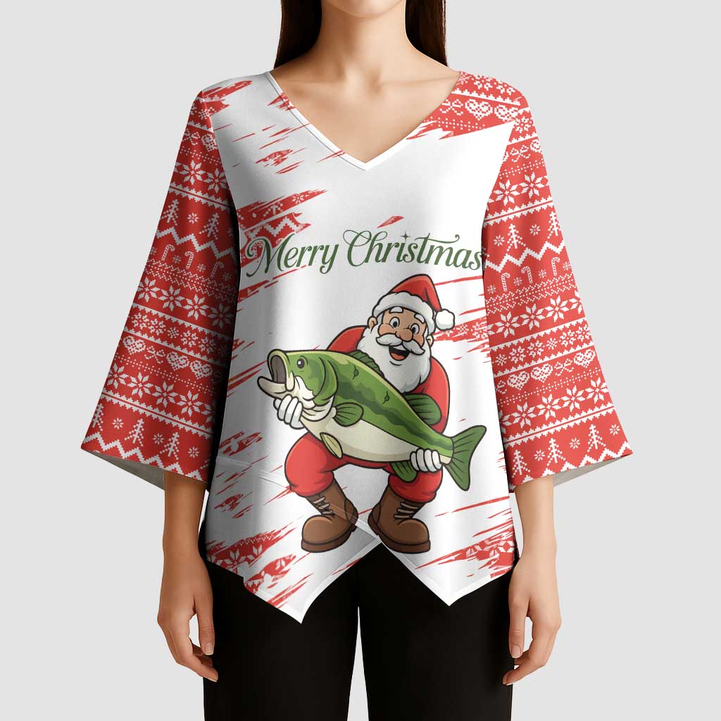 Christmas Fishing Kimono Sleeve Blouse with Santa Claus Fish Tree and Red Snowflake Pattern - Wonder Print Shop