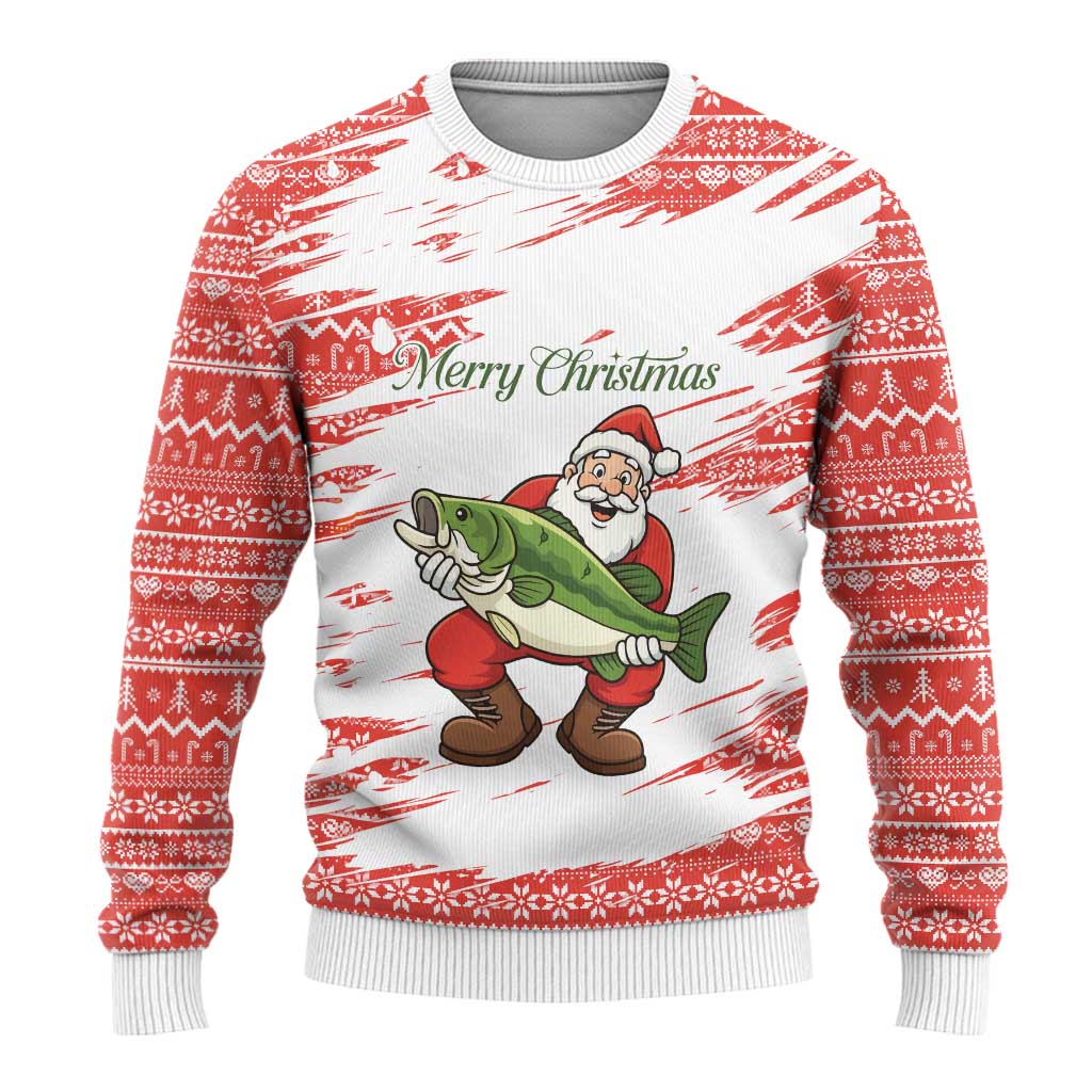 Christmas Fishing Ugly Christmas Sweater with Santa Claus Fish Tree and Red Snowflake Pattern - Wonder Print Shop