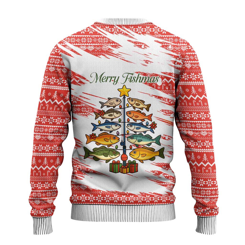 Christmas Fishing Ugly Christmas Sweater with Santa Claus Fish Tree and Red Snowflake Pattern - Wonder Print Shop
