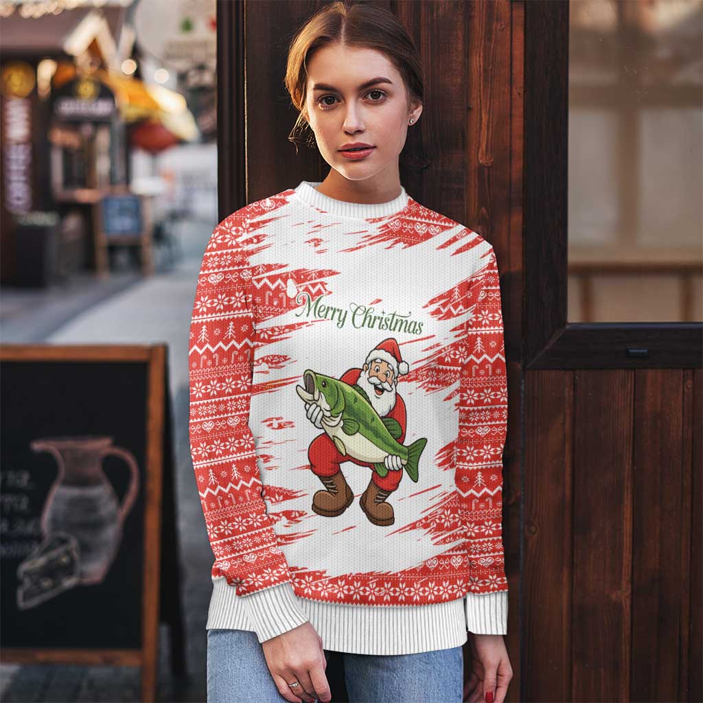 Christmas Fishing Ugly Christmas Sweater with Santa Claus Fish Tree and Red Snowflake Pattern - Wonder Print Shop