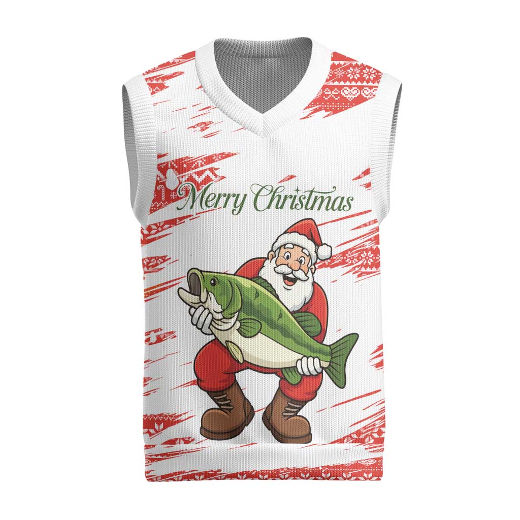 Christmas Fishing Christmas Knitted V-Neck Vest with Santa Claus Fish Tree and Red Snowflake Pattern - Wonder Print Shop