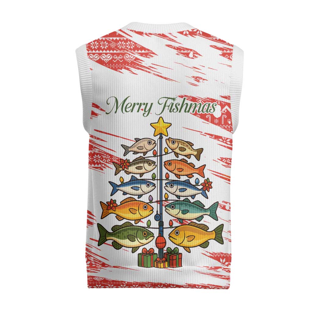 Christmas Fishing Christmas Knitted V-Neck Vest with Santa Claus Fish Tree and Red Snowflake Pattern - Wonder Print Shop