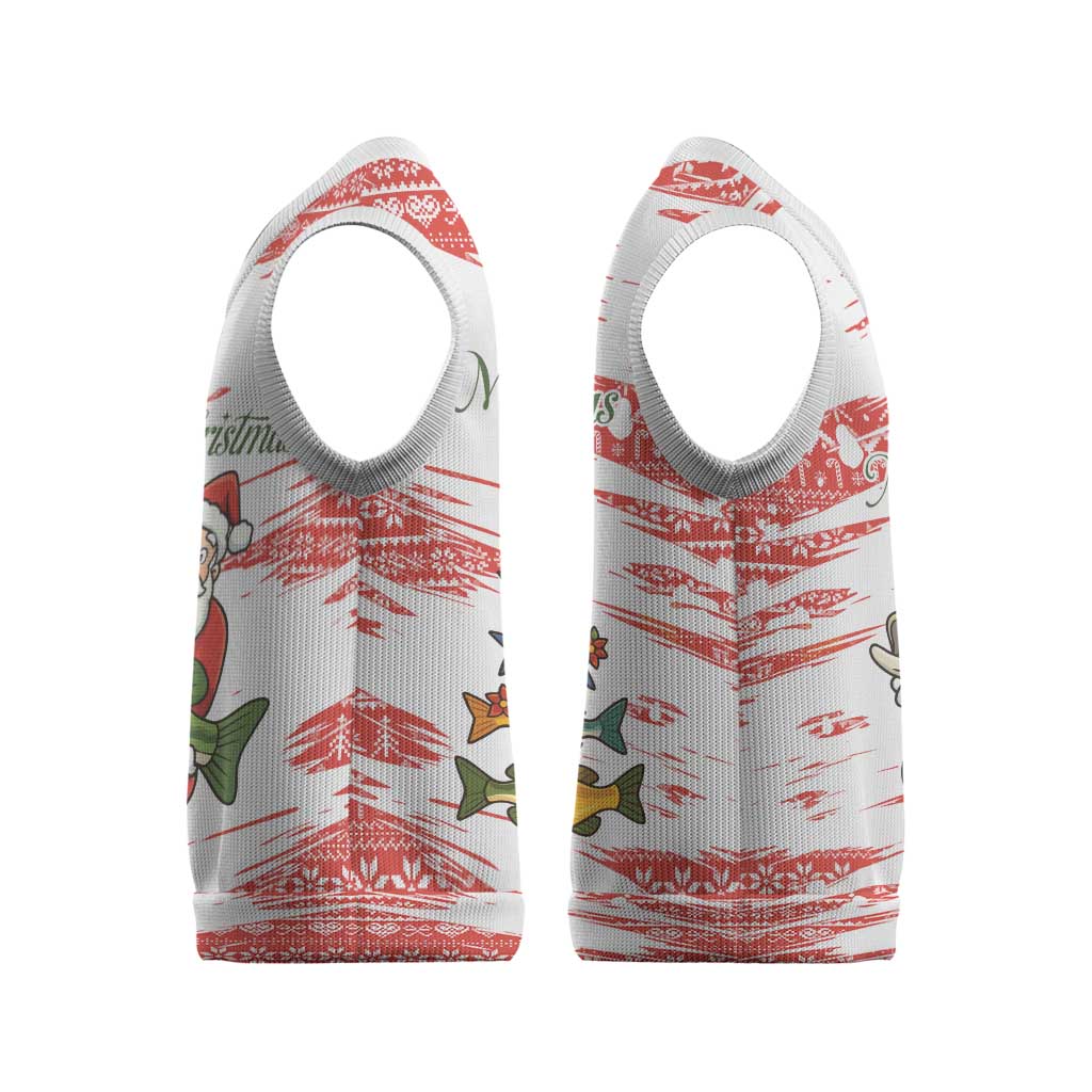 Christmas Fishing Christmas Knitted V-Neck Vest with Santa Claus Fish Tree and Red Snowflake Pattern - Wonder Print Shop