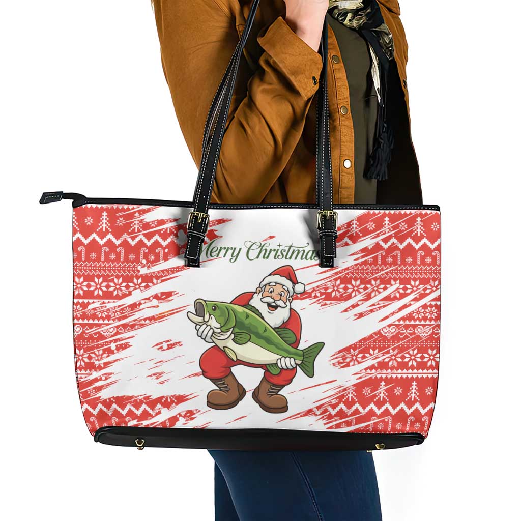 Christmas Fishing Leather Tote Bag with Santa Claus Fish Tree and Red Snowflake Pattern - Wonder Print Shop