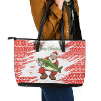 Christmas Fishing Leather Tote Bag with Santa Claus Fish Tree and Red Snowflake Pattern - Wonder Print Shop
