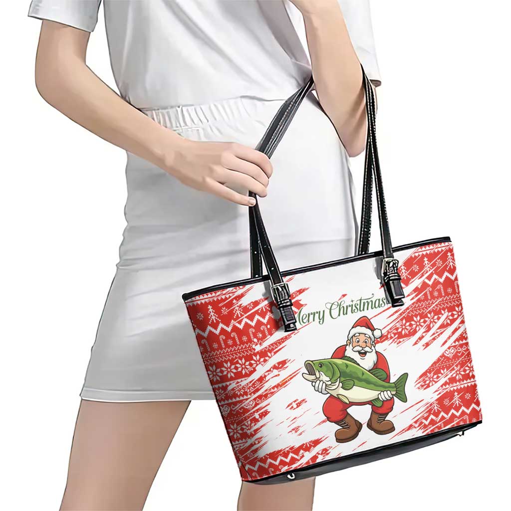 Christmas Fishing Leather Tote Bag with Santa Claus Fish Tree and Red Snowflake Pattern - Wonder Print Shop