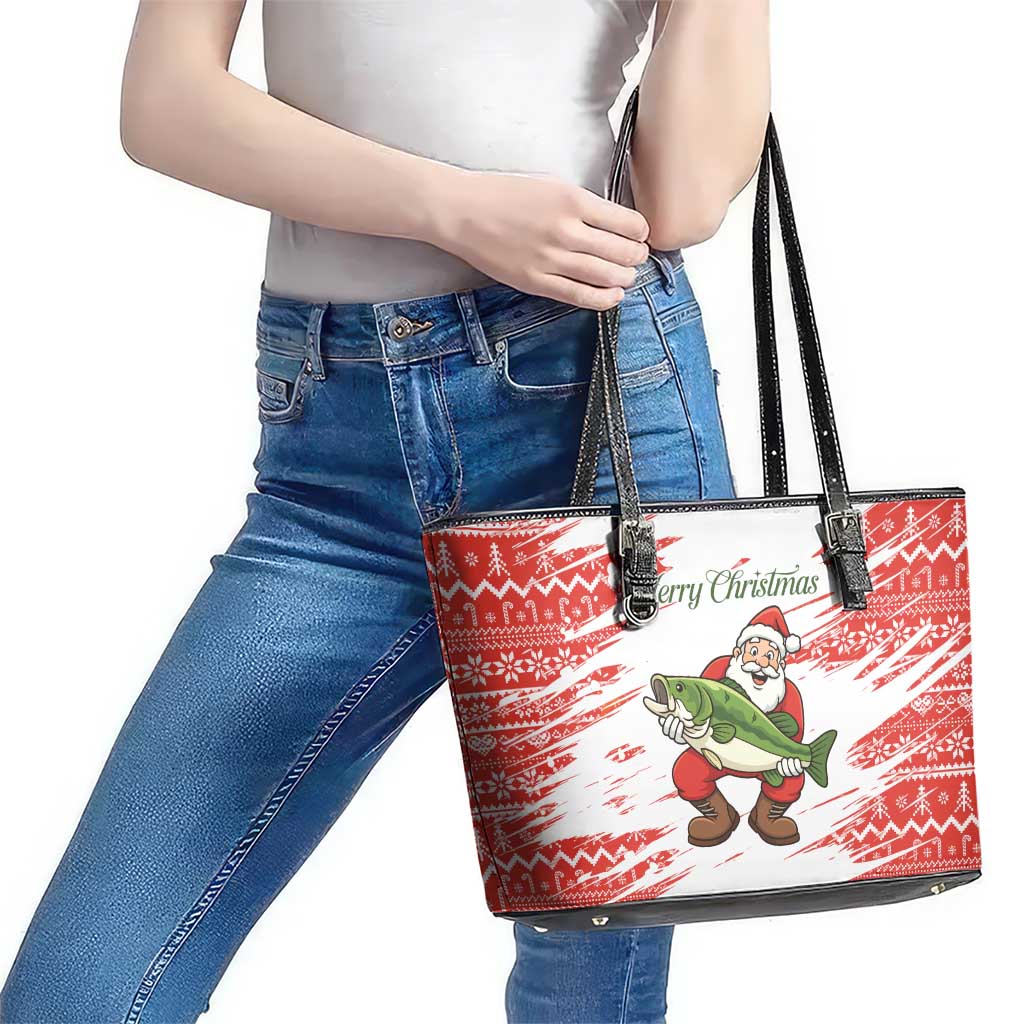 Christmas Fishing Leather Tote Bag with Santa Claus Fish Tree and Red Snowflake Pattern - Wonder Print Shop