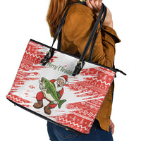 Christmas Fishing Leather Tote Bag with Santa Claus Fish Tree and Red Snowflake Pattern - Wonder Print Shop