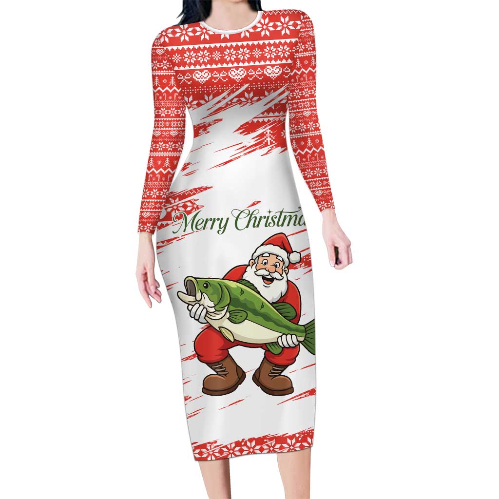 Christmas Fishing Long Sleeve Bodycon Dress with Santa Claus Fish Tree and Red Snowflake Pattern - Wonder Print Shop