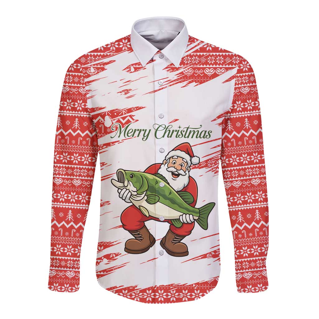Christmas Fishing Long Sleeve Button Shirt with Santa Claus Fish Tree and Red Snowflake Pattern - Wonder Print Shop