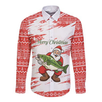 Christmas Fishing Long Sleeve Button Shirt with Santa Claus Fish Tree and Red Snowflake Pattern - Wonder Print Shop
