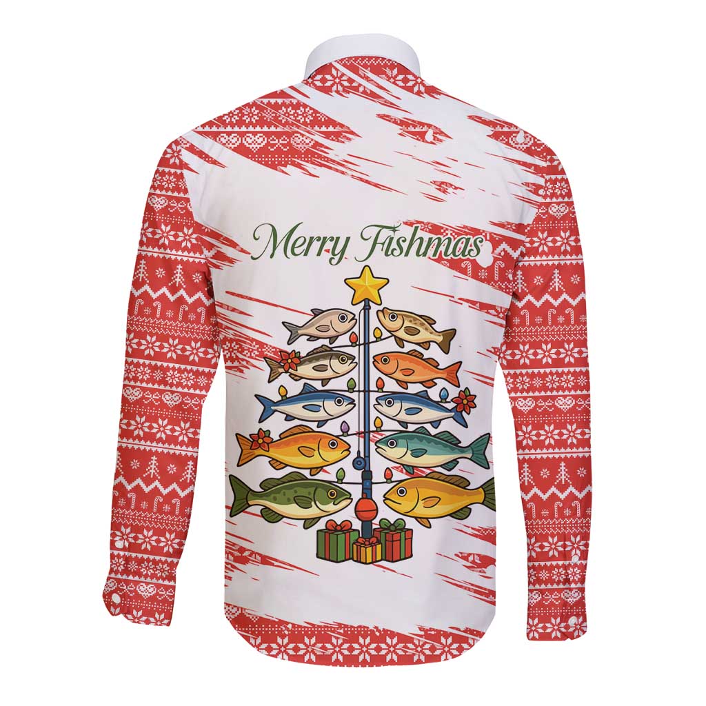 Christmas Fishing Long Sleeve Button Shirt with Santa Claus Fish Tree and Red Snowflake Pattern - Wonder Print Shop