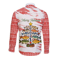 Christmas Fishing Long Sleeve Button Shirt with Santa Claus Fish Tree and Red Snowflake Pattern - Wonder Print Shop