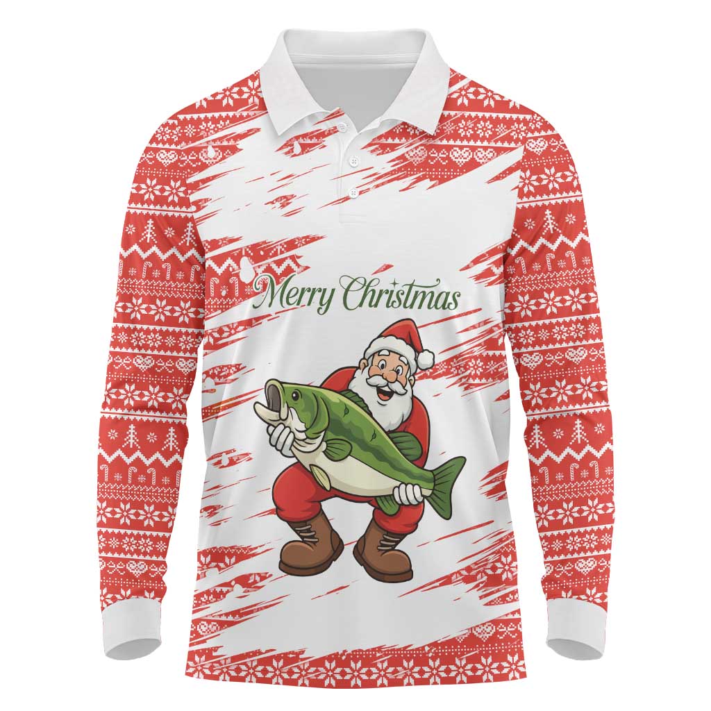 Christmas Fishing Long Sleeve Polo Shirt with Santa Claus Fish Tree and Red Snowflake Pattern - Wonder Print Shop