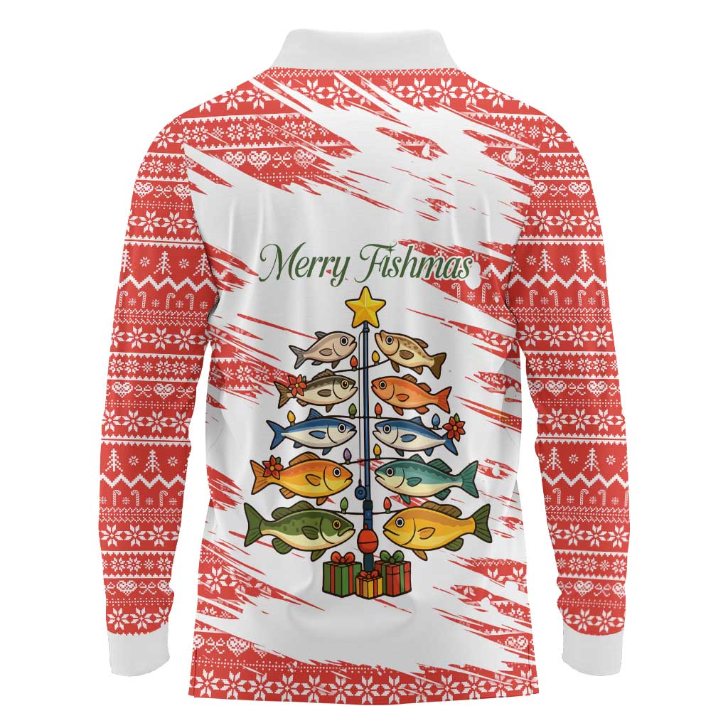 Christmas Fishing Long Sleeve Polo Shirt with Santa Claus Fish Tree and Red Snowflake Pattern - Wonder Print Shop