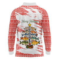 Christmas Fishing Long Sleeve Polo Shirt with Santa Claus Fish Tree and Red Snowflake Pattern - Wonder Print Shop