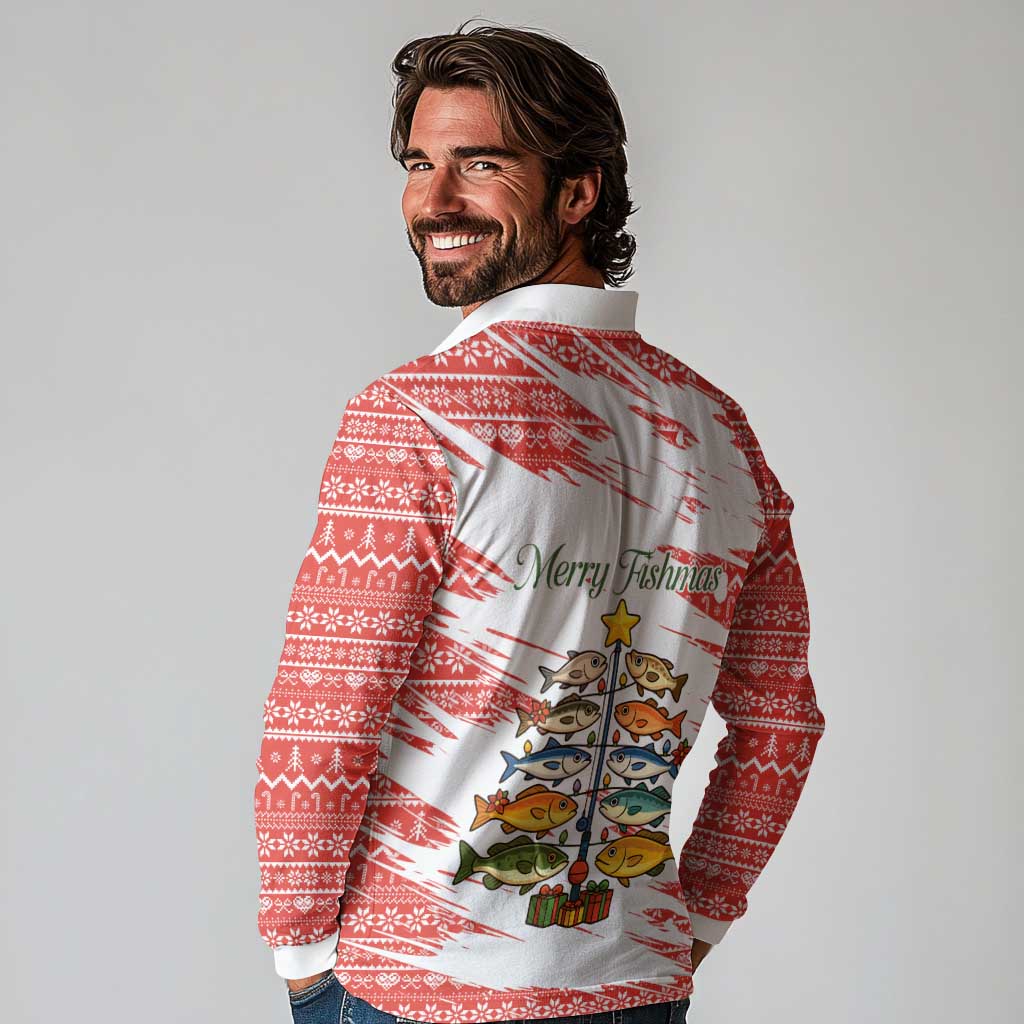 Christmas Fishing Long Sleeve Polo Shirt with Santa Claus Fish Tree and Red Snowflake Pattern - Wonder Print Shop