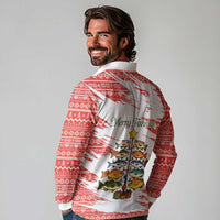 Christmas Fishing Long Sleeve Polo Shirt with Santa Claus Fish Tree and Red Snowflake Pattern - Wonder Print Shop