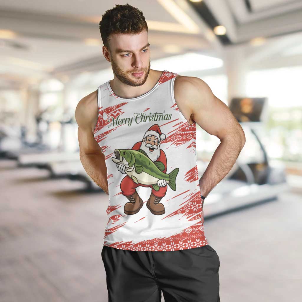 Christmas Fishing Men Tank Top with Santa Claus Fish Tree and Red Snowflake Pattern - Wonder Print Shop